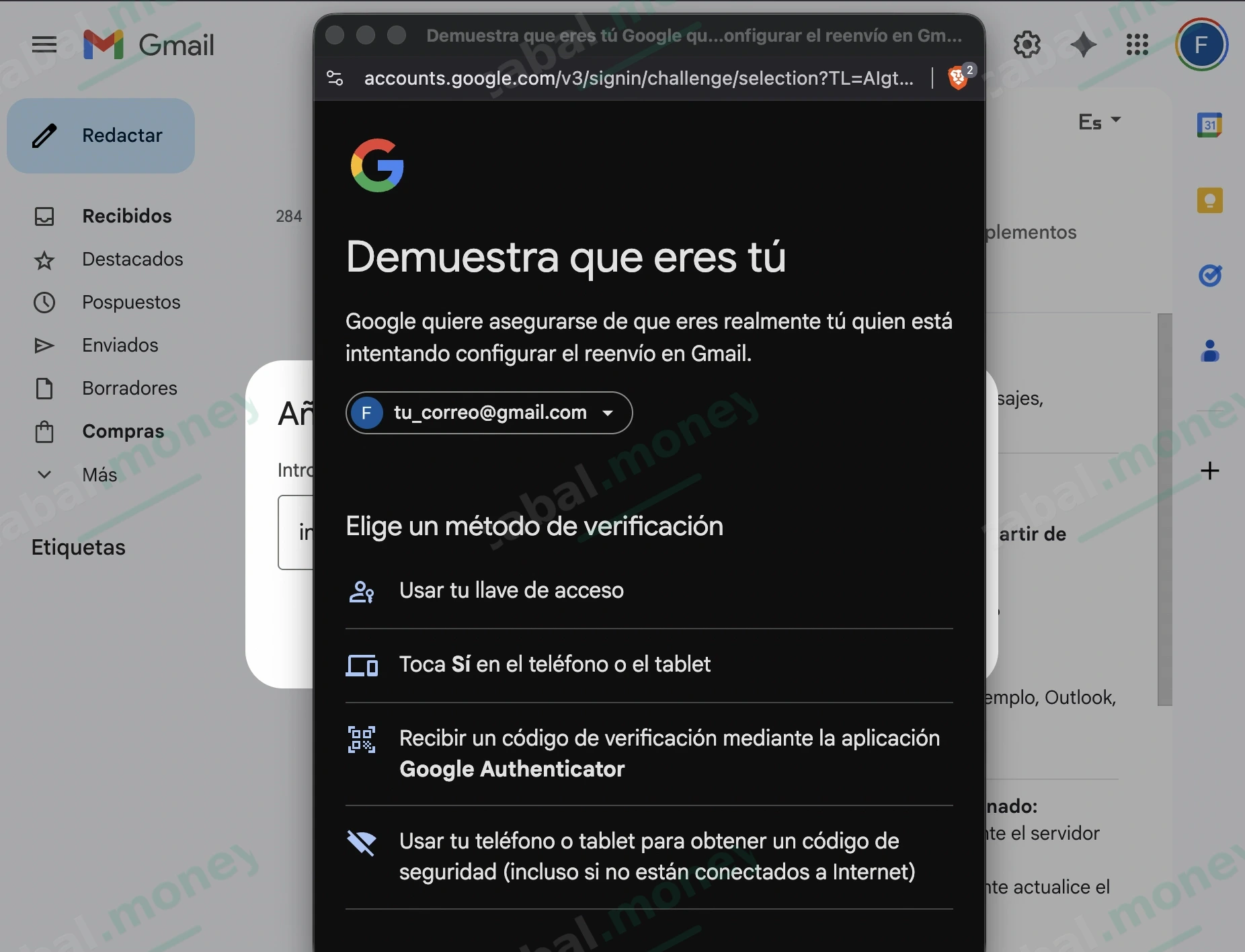 Reto de seguridad de Google para demostrar que eres tú antes de configurar el reenvío.