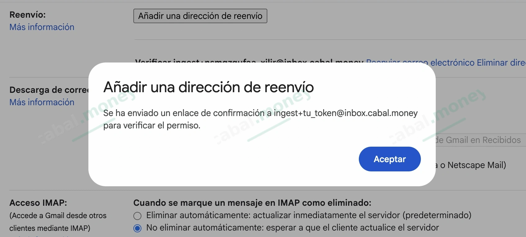 Aviso de Gmail indicando que envió el enlace de verificación al correo de cabal.money.