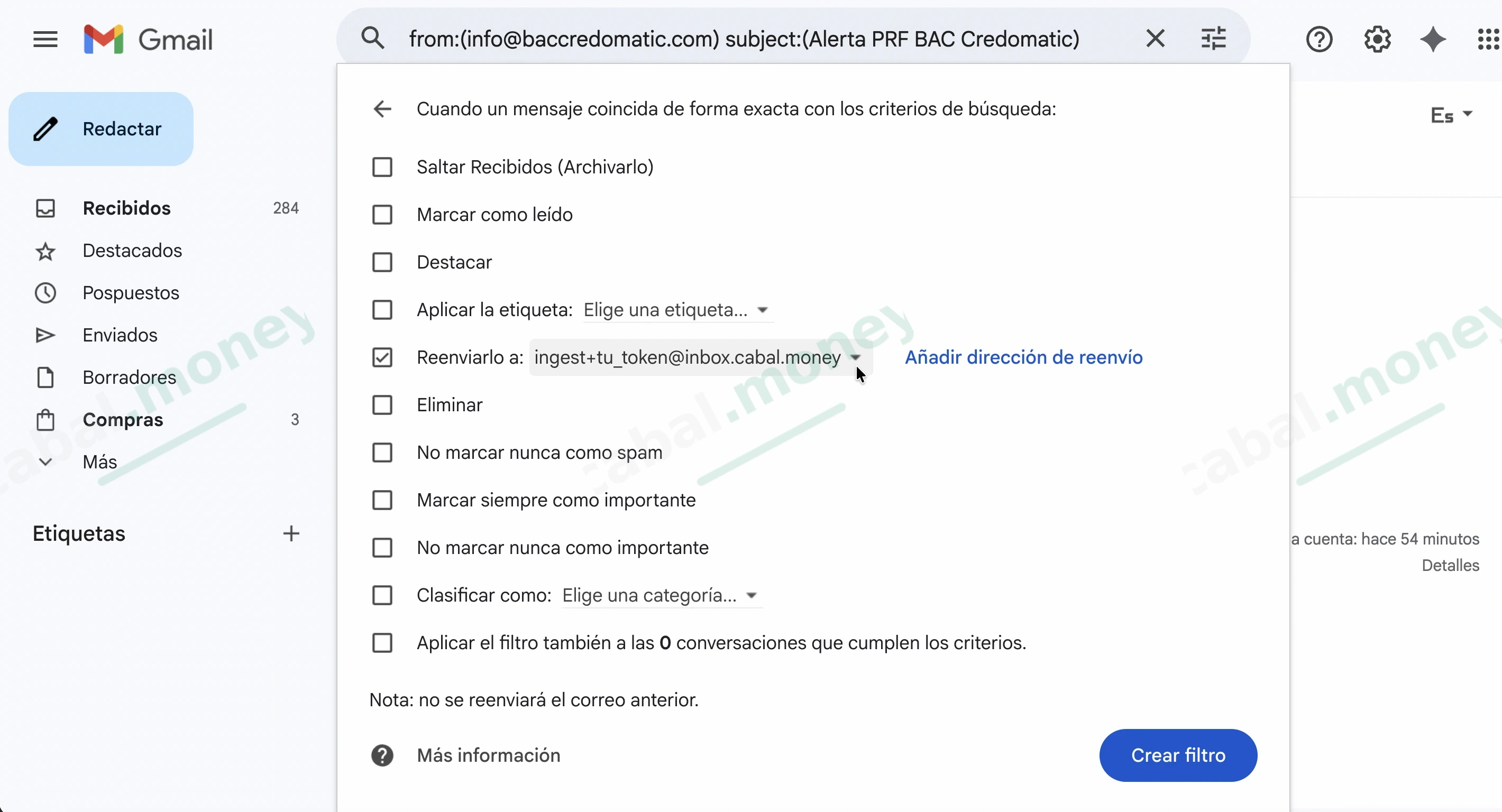 Pantalla de acciones del filtro en Gmail con Reenviarlo a seleccionado.