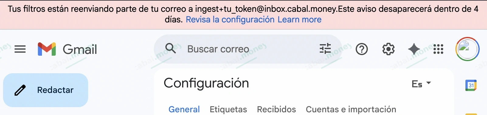 Aviso superior de Gmail después de crear el filtro de reenvío selectivo.