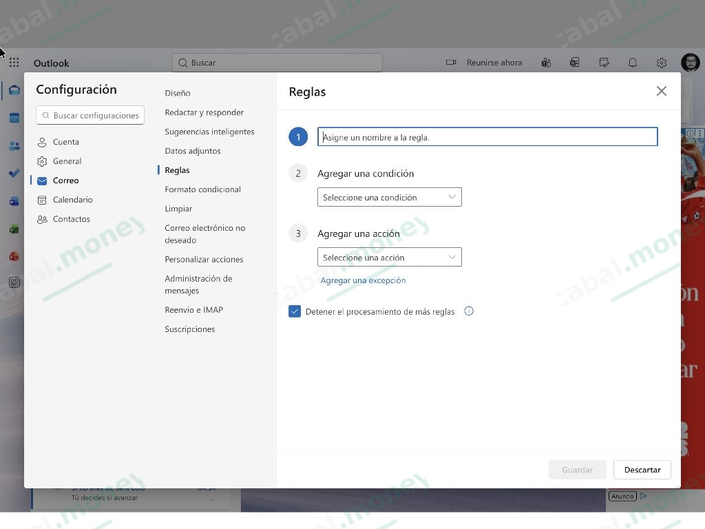 Formulario para agregar una nueva regla en Outlook.