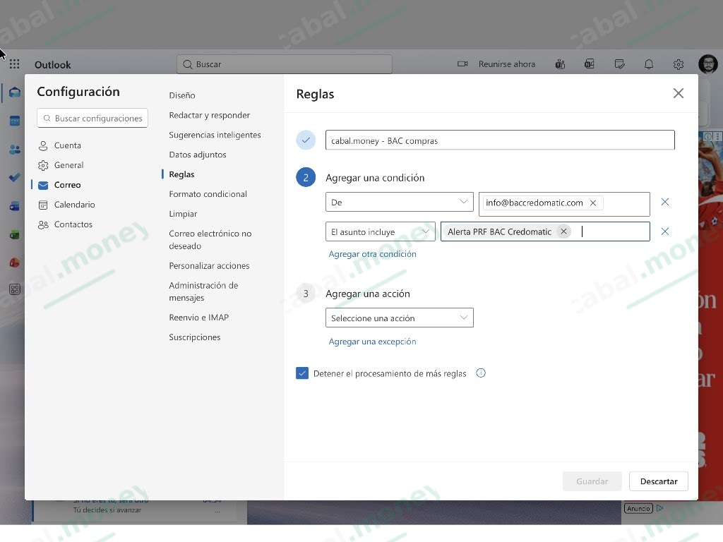 Regla de Outlook con nombre, remitente y asunto completados.