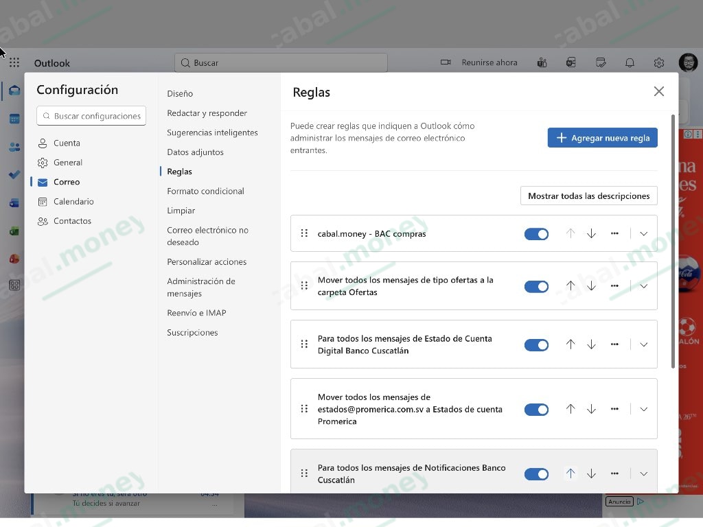 Listado de reglas de Outlook mostrando la regla creada y activa.